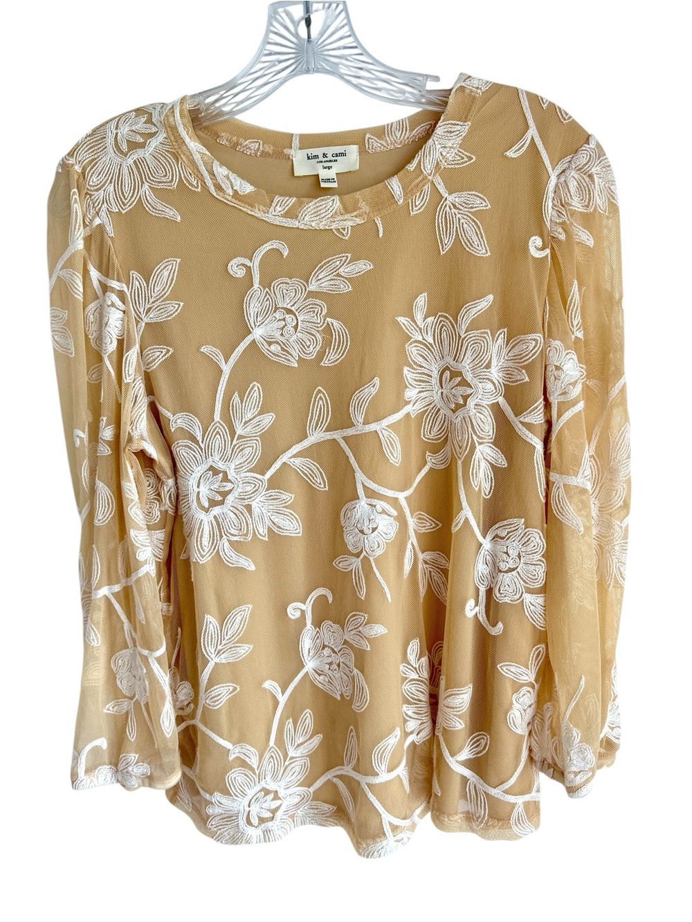 Kim & Cami Los Angeles Tan Mesh Long SleeveTop White Embroidered Overlay Size L
